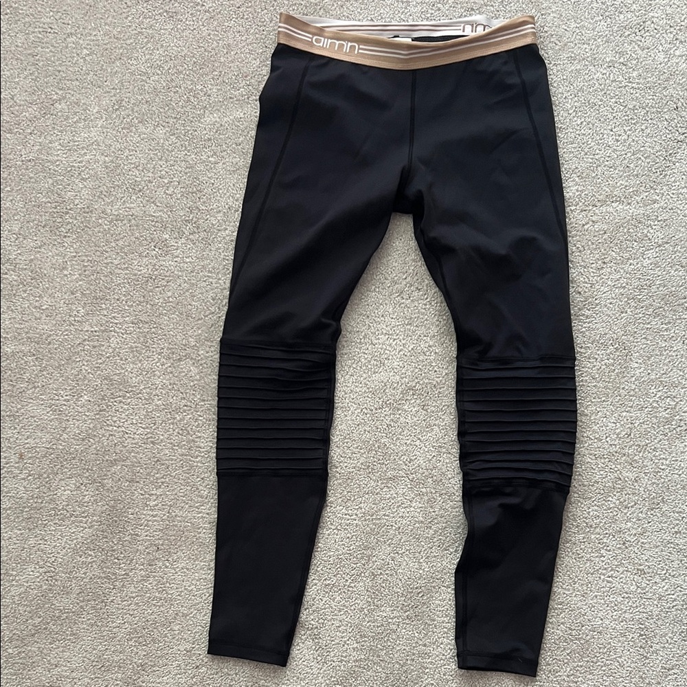 Aimn Black Leggings with Tan Waistband